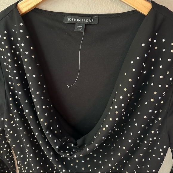 Boston Proper Metallic Bead Embellished Cowl-Neck Mesh Sheath Dress Black - Picture 7 of 10